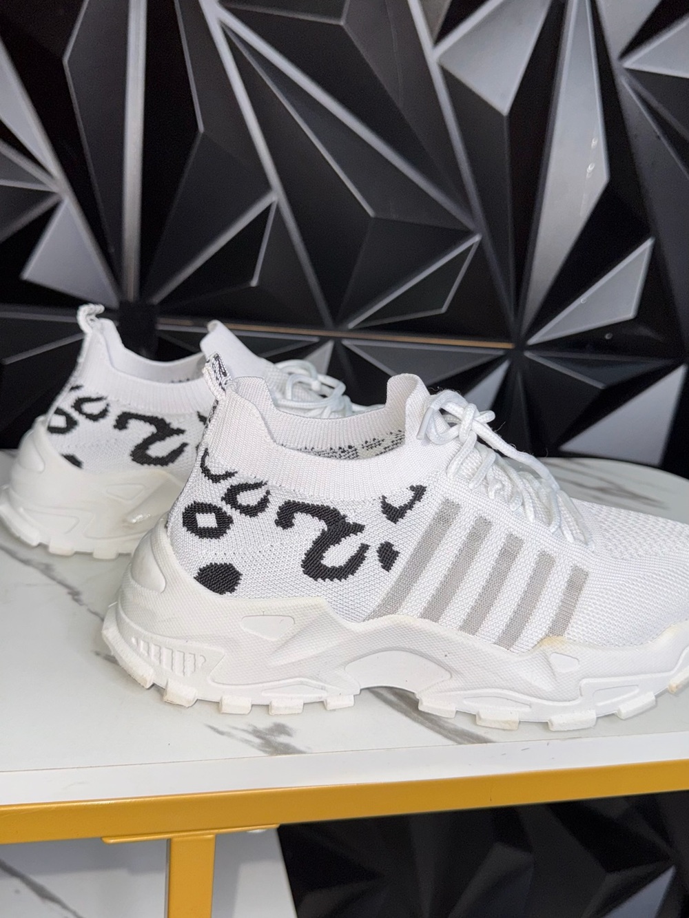 🔥White Knit Men’s ,Women’s Sneakers with Black Leopard Print Accent
